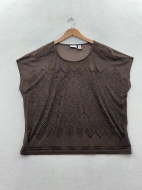 Chico's Women’s 2 (Large) Laser Cut Brown Micro-Suede Cap Sleeve Round Neck Top